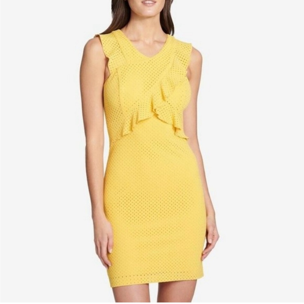 Yellow Ruffled Knit Sheath Dress by Guess
